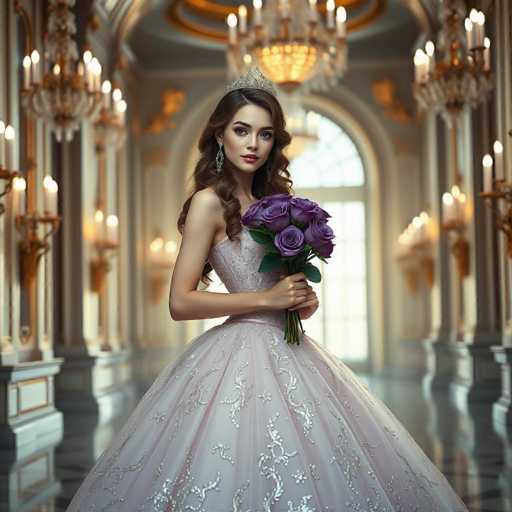 A stunning android princess, with flowing brown hair and a sparkling ball gown, stands regally in a grand palace. The soft lighting highlights the hyper-realistic details of her gown and purple rose bouquet, creating a cinematic, romantic atmosphere. The spatial relationship places her as the central focus within the opulent, marble-filled space.