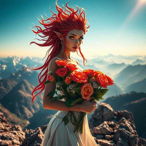 A woman with red hair and a white dress stands on a rocky cliff overlooking a breathtaking mountain range under a clear blue sky. She holds a bouquet of orange roses against the backdrop of the majestic mountains.