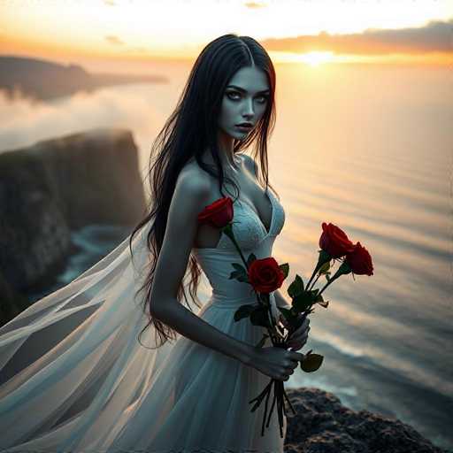 A captivating android siren with raven-black hair and piercing green eyes graces a misty cliff overlooking a serene ocean at sunset. Dressed in a flowing white gown, she holds a bouquet of blood-red roses. The warm, golden lighting creates a mystical, cinematic atmosphere with sharp focus and hyper-realistic detail, emphasizing her alluring beauty.