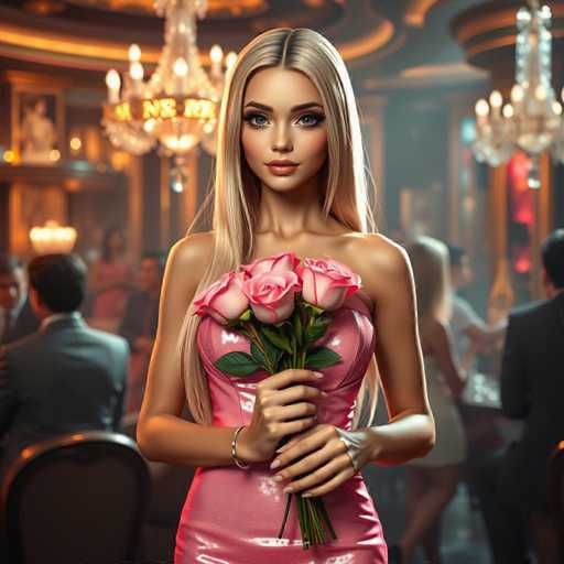 A stunning android socialite with flowing blonde hair and a radiant smile holds a bouquet of pink roses in a shimmering, diamond-like pink dress. She stands center stage in a luxurious nightclub, surrounded by blurred figures of elegant people and sparkling champagne, bathed in warm, cinematic light. The hyper-realistic image exudes sophisticated charm.