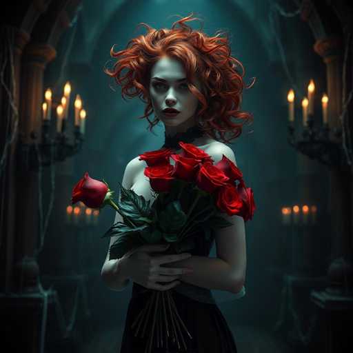 A sultry android vampire with fiery red, curly hair holds a bouquet of deep red roses in a dark, gothic castle. The scene is bathed in moody lighting, emphasizing the dramatic atmosphere with cobwebs and candelabras casting eerie shadows. The hyper-realistic image evokes a cinematic, gothic romance with sharp focus on the central figure.
