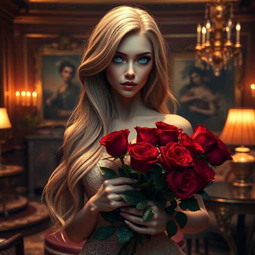 A breathtaking android beauty with flowing golden hair and piercing sapphire eyes holds a bouquet of red roses in a luxurious, warmly lit mansion. The scene is opulent and cinematic, showcasing hyper-realistic detail within an elegant, antique setting.
