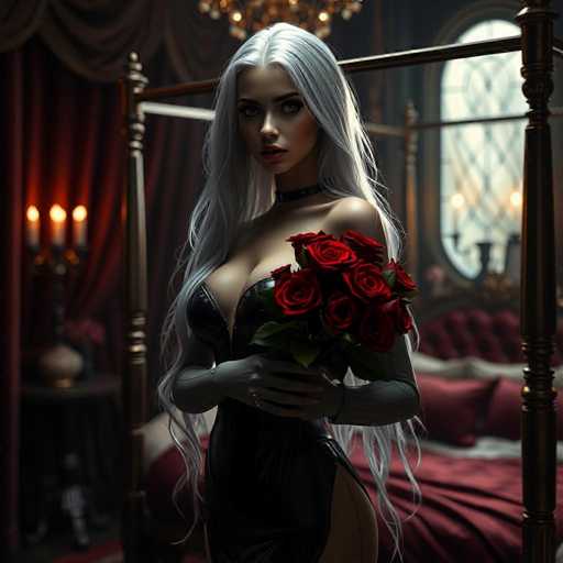A captivating android, with flowing silver hair and a black bodysuit, holds a bouquet of deep red roses in a dimly lit boudoir. The scene exudes romantic elegance with soft golden lighting, velvet curtains, and a luxurious four-poster bed. The hyper-realistic image showcases sharp focus and cinematic depth, creating a futuristic yet intimate atmosphere.
