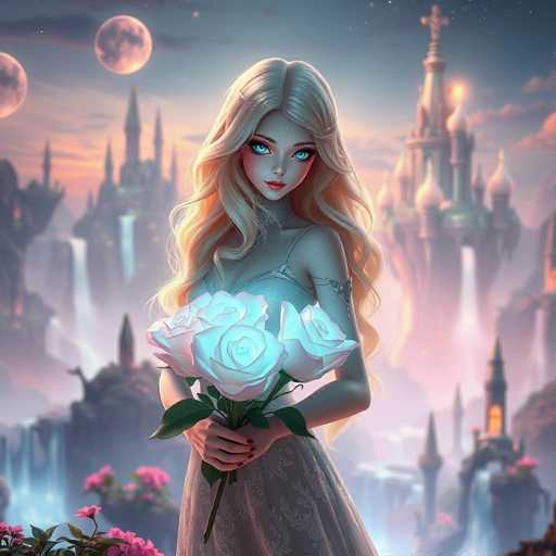 A woman with blonde hair and blue eyes is standing in front of a castle on a hill, holding a bouquet of white roses. The background features a sky filled with clouds and the moon, creating an ethereal atmosphere.
