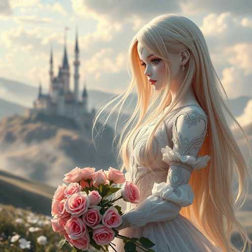 A blonde woman with long hair is standing on a hillside, holding a bouquet of pink roses and wearing a white dress that matches the color of the flowers she holds. In the background, there's a castle made of stone, suggesting an old or historical setting.