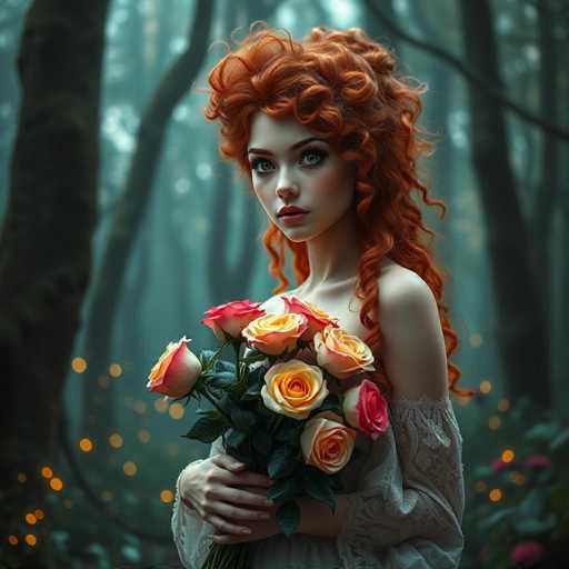 A young woman with red hair is standing in a forest surrounded by trees and bushes. She is holding a bouquet of flowers that includes pink roses and yellow daisies. The background is dark and filled with shadows, creating an atmosphere of mystery and intrigue.
