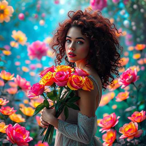 A captivating android goddess with voluminous, curly brown hair holds a vibrant bouquet of rainbow roses in a surreal garden. The scene is bathed in ethereal, iridescent light, creating a hyper-realistic fantasy paradise with sharp focus and cinematic depth. The goddess is centrally positioned, surrounded by a blur of glowing flowers, emphasizing her as the focal point.