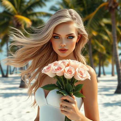 A stunning android siren with flowing honey-blonde hair and piercing turquoise eyes graces a sun-kissed beach. She holds a bouquet of delicate seashell-pink roses, her gaze captivating. The scene is a serene, hyper-realistic tropical paradise with soft white sand and towering palm trees bathed in warm golden light.