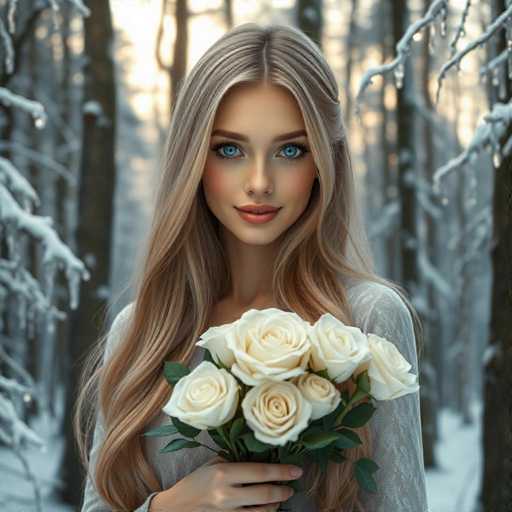 A stunning, hyper-realistic android woman with flowing golden blonde hair and captivating blue eyes holds a bouquet of pristine white roses in a serene winter wonderland. She stands amidst snow-covered trees, bathed in soft, icy light, creating a cinematic and ethereal scene. The focus is sharp on the woman, emphasizing her beauty within the picturesque, snow-laden forest.