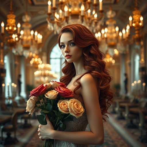 An elegant android woman with flowing, curly red hair holds a bouquet of vintage roses in a grand ballroom. The scene is bathed in warm, soft lighting, highlighting the ornate chandeliers and candelabras. A hyper-realistic, cinematic style emphasizes classic sophistication in this beautifully detailed image.