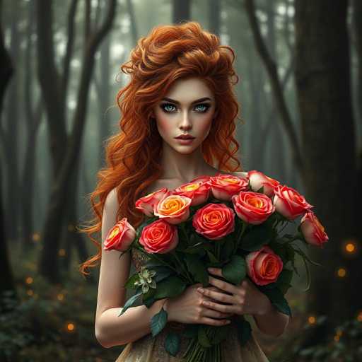 A woman with red hair is standing in a forest surrounded by trees and bushes. She is holding a bouquet of pink roses in her hands.
