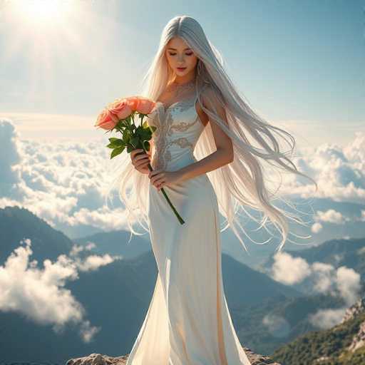 A stunning android goddess with flowing silver hair and a white gown stands on a mountaintop pedestal amidst clouds, holding a bouquet of ethereal roses. The scene is bathed in soft, divine light, showcasing hyper-realistic detail and a cinematic composition emphasizing celestial beauty.