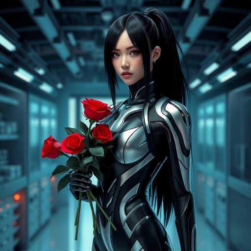 A woman with long black hair is standing in a room filled with various objects and equipment. She is wearing a silver suit that has a metallic sheen to it. In her hands, she holds three red roses. The background of the image reveals a hallway or corridor, suggesting an industrial setting.