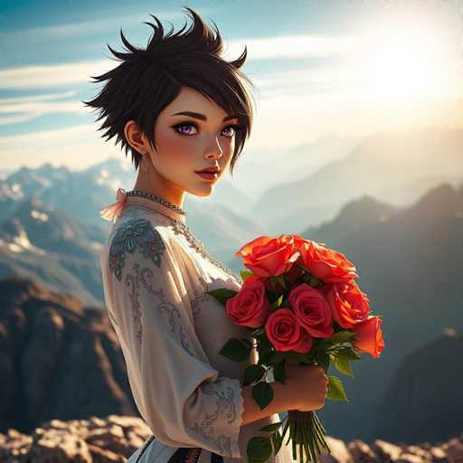 A stunning android goddess with sharp, black hair and intense purple eyes holds a vibrant bouquet of sun-kissed roses on a sun-drenched mountain peak. The hyper-realistic image showcases her powerful elegance against a backdrop of majestic, snow-capped mountains and a vast blue sky, bathed in warm, dramatic lighting.