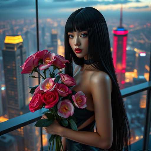 A woman with long black hair is standing on a balcony overlooking a cityscape at night. She is wearing a black dress and holding a bouquet of pink roses. The city skyline behind her features tall buildings illuminated by the glow of streetlights and neon signs.