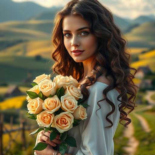 A stunning android woman with flowing, curly brown hair and captivating hazel eyes holds a bouquet of cream roses in a serene rural setting. The soft, warm lighting and sharp focus create a cinematic, hyper-realistic image with a rustic charm. The woman is centrally positioned, gazing directly at the viewer, while the rolling hills and quaint cottages in the background enhance the picturesque landscape.