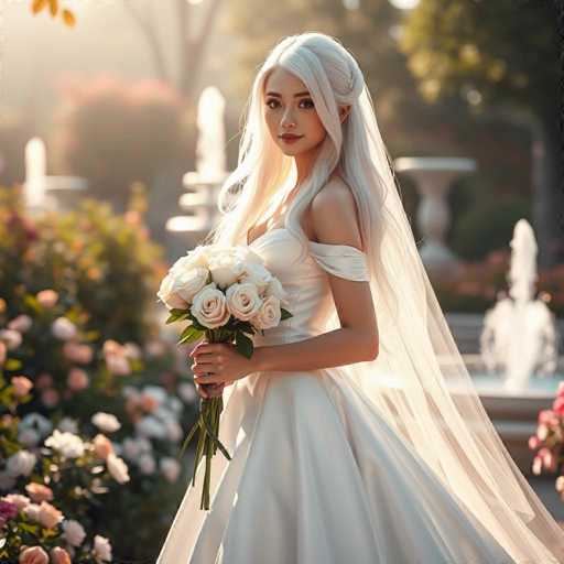 A stunning android bride with flowing white hair and a radiant smile stands in a sun-drenched garden. She gracefully holds a bouquet of white roses, her elegant white wedding gown shimmering in the soft light. The scene is romantic and cinematic, showcasing a hyper-realistic portrait of innocent beauty in a picturesque setting.