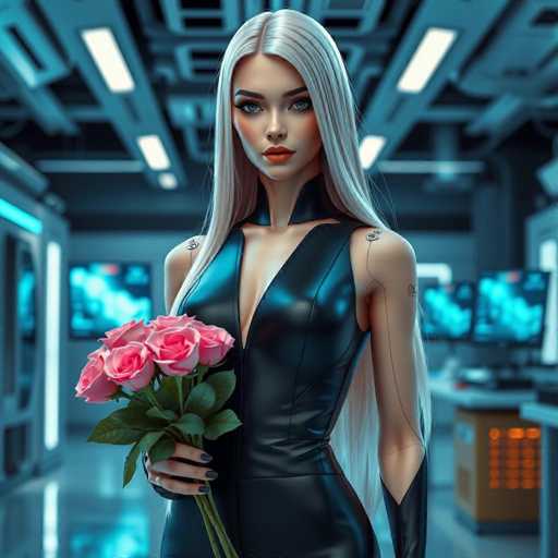 A woman with blonde hair and blue eyes is standing in a room filled with computer monitors and keyboards. She is wearing a black dress that contrasts with the modern surroundings. The woman holds a bouquet of pink roses in her left hand.