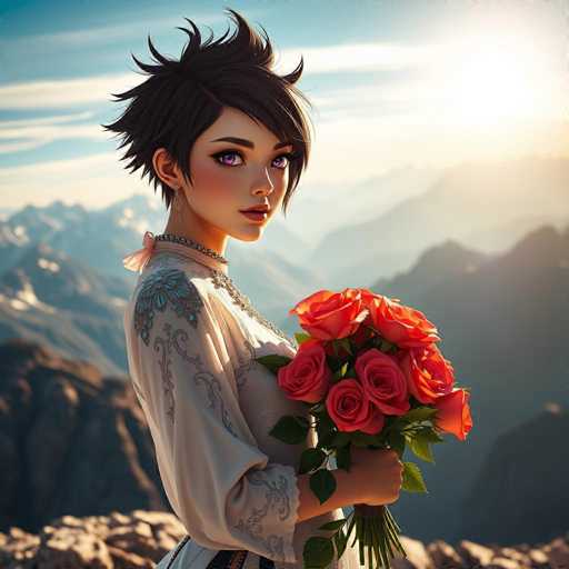 A woman with spiky hair is standing on a rocky cliff overlooking a breathtaking mountain range under a clear blue sky. She's dressed elegantly in a white dress and holds a bouquet of red roses in her hands.