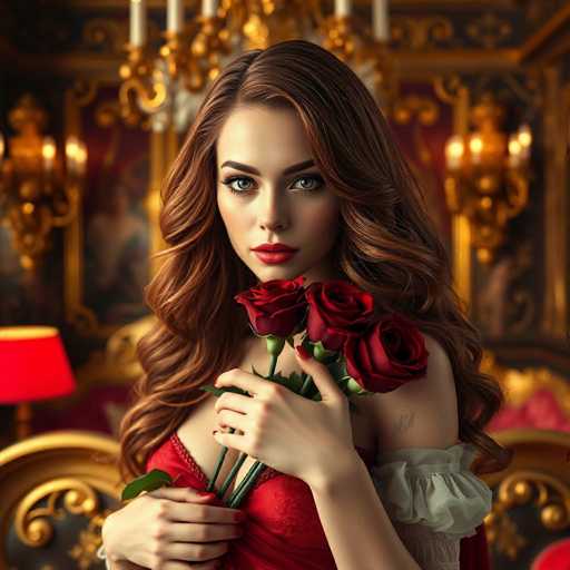 A captivating android, with flowing auburn hair and intense gaze, holds a bouquet of deep red roses in an opulent baroque boudoir. Golden light bathes the scene, highlighting the lavish golden decorations and creating an intimate, cinematic atmosphere with hyper-realistic detail.