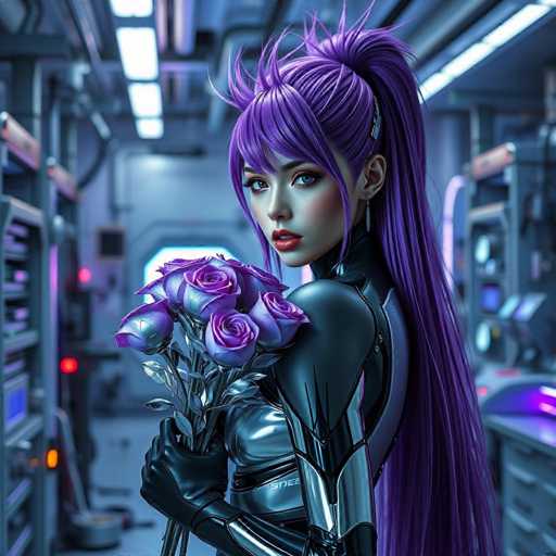 A woman with long purple hair is standing in a futuristic room filled with various machines and equipment. She is holding a bouquet of purple roses in her left hand and has a serious expression on her face as she looks directly at the camera.