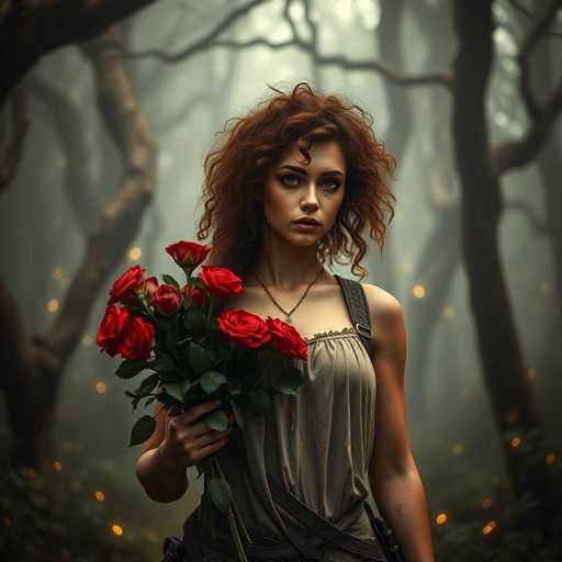 A young woman with curly red hair is standing in a forest surrounded by tall trees and bushes. She is wearing a beige dress and holding a bouquet of red roses.