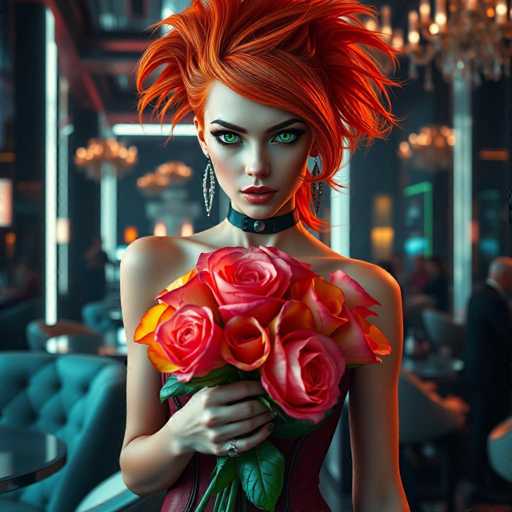 A woman with red hair styled into a spiky updo is the main subject of this image. She is holding a bouquet of pink and orange roses in her hands. The background features a dark room with chandeliers hanging from the ceiling, creating an elegant atmosphere. There are other people present in the background, but they are blurred out, drawing attention to the woman with the flowers.