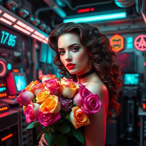 A woman with long brown hair is standing in a room filled with neon lights and computer monitors. She is wearing a black dress and has a bouquet of pink and yellow roses in her hands. The background features a monitor displaying the numbers "1785" and "COMMUNICATION".