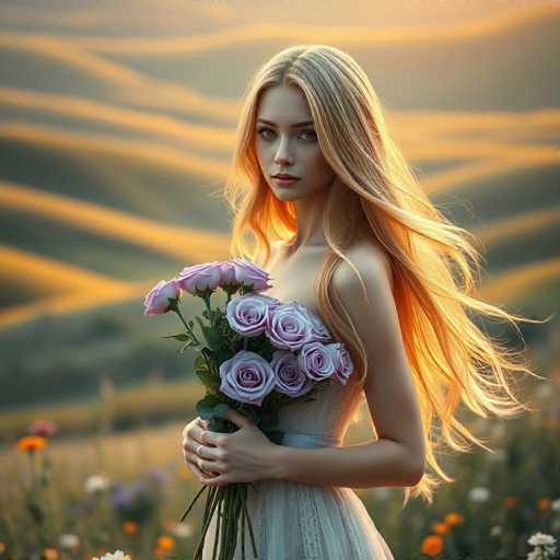 A young woman with blonde hair is standing in a field filled with flowers and trees. She is wearing a white dress that contrasts with the natural surroundings. The woman holds a bouquet of purple roses in her hands.