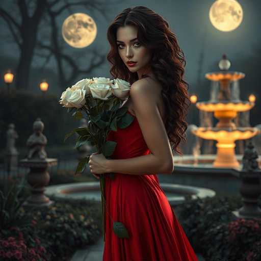 A woman stands in front of a fountain with her hair styled in loose waves and wearing a red dress that contrasts with the dark background. She holds a bouquet of white roses in her hands. The scene is set against a backdrop of trees and a full moon, creating an ethereal atmosphere.