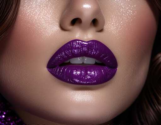 A close-up, hyperrealistic portrait of a woman's lips and nose. The focus is on the glossy, deep purple lipstick, which reflects light with a wet, almost liquid-like sheen. The lips are full and slightly parted, revealing a glimpse of white teeth. The skin has a subtle texture, with highlights suggesting a polished or glossy finish. The nose is delicate and slightly upturned, with a subtle shine on the bridge. The overall lighting is soft and dramatic, emphasizing the contours of the face and the rich color of the lipstick. The background is dark and out of focus, drawing all attention to the central subject.