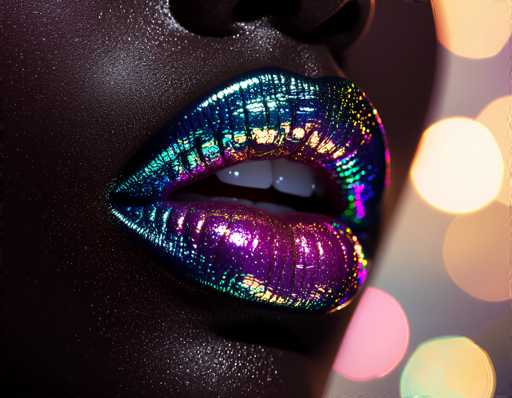 The image features a close-up of a glossy, iridescent lip with vibrant, shimmering colors. The lips are positioned against a dark, textured surface, creating a dramatic contrast. Soft, blurred bokeh lights in the background add a dreamy, glamorous feel to this stylized portrait. The art style is highly stylized and focuses on texture and light play.