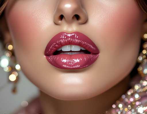 A close-up, digitally rendered portrait focuses on a woman's lips, showcasing glossy, vibrant pink lipstick. The focus is sharp on the mouth, with soft, blurred bokeh lights in the background suggesting a glamorous setting. The art style is hyperrealistic, emphasizing detailed skin texture and lighting.
