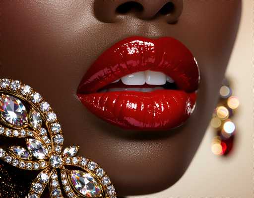 A close-up, high-detail digital painting of a woman's lips adorned with a large, ornate diamond and crystal earring. The focus is on the rich texture of her dark skin and the glossy, vibrant red lipstick. The earring features a complex design with multiple facets of diamonds and crystals, catching the light beautifully. Her lips are slightly parted, revealing a glimpse of her teeth. The background is softly blurred, drawing all attention to the detailed close-up of the lips and jewelry. The overall lighting is soft yet highlights the reflective surfaces of the diamonds and lipstick, creating a luxurious and glamorous aesthetic.