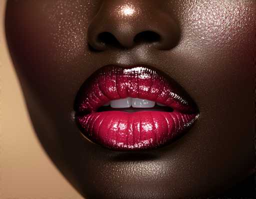 A close-up, high-gloss portrait focuses on a person's dark skin and full, glossy red lips. The lips are centrally positioned, with the upper lip slightly above the lower one, creating a dramatic, glamorous effect. The lighting highlights the texture of the skin and the reflective finish of the lipstick, emphasizing a luxurious, artistic style.