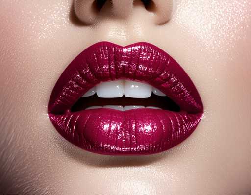 A close-up, macro shot focuses on a pair of glossy, deep burgundy lips with perfectly aligned white teeth. The lips are slightly parted, revealing a hint of the upper lip's soft texture. The lighting is dramatic, highlighting the reflective surface and creating a glamorous, almost artificial aesthetic.