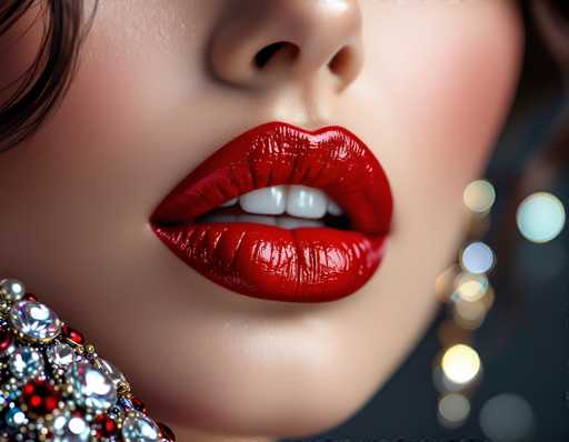 A close-up, photorealistic portrait focuses on a woman's lips, showcasing vibrant, glossy red lipstick. The focus is sharp on the mouth, with a blurred background emphasizing the detailed texture of the lips and jewelry. The art style is hyperrealistic, highlighting soft lighting and a shallow depth of field to draw attention to the central subject.