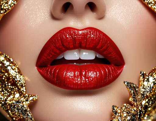 The image shows a close-up view of a woman's face with her lips painted red and gold accents around the mouth area. The gold accents add a touch of luxury and elegance to the overall look.