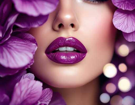 A close-up, highly detailed portrait of a woman's face with intensely glossy, deep purple lips. The focus is on the mouth and upper lip, with a soft, blurred background of vibrant purple flower petals. The lighting is dramatic, highlighting the texture and shine of the lips while creating a soft glow on the skin. The overall aesthetic is luxurious, sensual, and slightly fantastical.