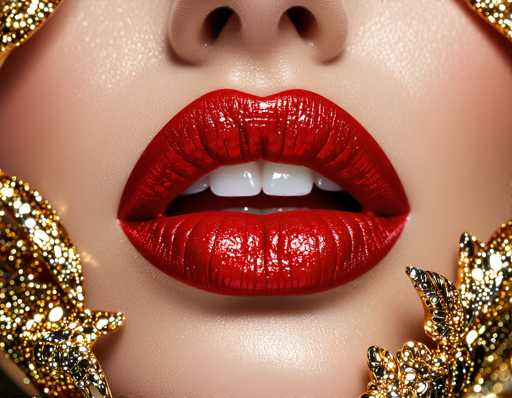 A close-up, digitally enhanced portrait focuses on a woman's lips with intensely glossy, bright red lipstick. Golden, ornate frames surround the mouth, creating a glamorous and luxurious aesthetic. The focus is on the full, slightly parted lips, emphasizing a bold, stylized beauty.