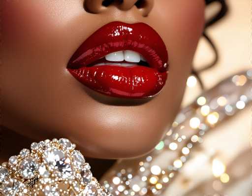A close-up portrait focuses on a woman's lips, showcasing intensely glossy, deep red lipstick and a dazzling diamond-encrusted jewelry piece. The focus is tight, emphasizing the texture of her skin and the reflective shine of the jewelry. The art style is glamorous and luxurious, highlighting bold beauty.