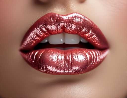 A close-up, glossy image focuses on a pair of full lips with a vibrant, reflective red lipstick. The lips are slightly parted, revealing bright white teeth. The art style is highly polished and emphasizes texture with a focus on the shiny, almost metallic finish of the lipstick. The overall effect is sensual and glamorous.