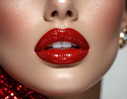 A close-up, digitally enhanced portrait focuses on a woman's lips, showcasing intensely glossy, bright red lipstick. The focus is shallow, highlighting the texture and sheen of the lips against a softly blurred background with sparkling bokeh. The art style is highly stylized, emphasizing glamour and artificial beauty.