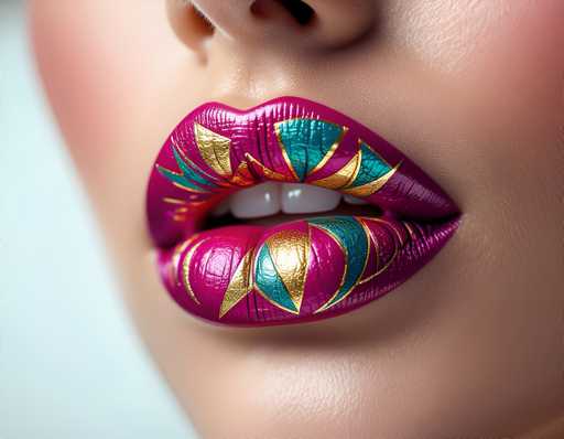 The image shows a close-up view of a woman's lips and mouth area. The lips are painted with a vibrant shade of pink and adorned with gold accents that create an eye-catching design. The woman is wearing a light blue dress, which complements the pink lipstick on her lips.