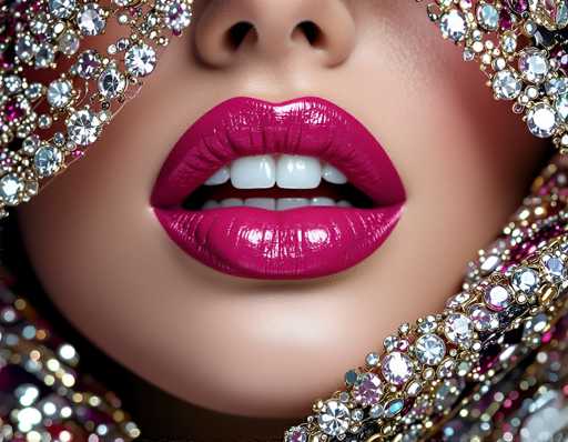 A close-up, digitally enhanced portrait focuses on a woman's lips adorned with vibrant, glossy magenta lipstick. Sparkling jewelry frames the mouth, creating a luxurious and glamorous effect. The focus is sharply on the lips, with a soft, blurred background emphasizing the opulent detail and highlighting the subject's full, sensual mouth. The art style is highly stylized and emphasizes texture and light.