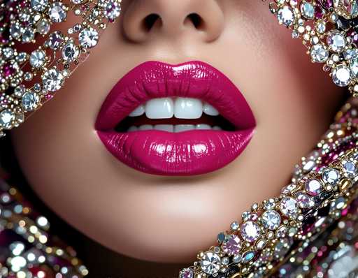 The image shows a close-up view of a woman's face with her lips painted a vibrant shade of red and her teeth showing. The background is adorned with an array of sparkling diamonds in various sizes and shapes, creating a dazzling effect that complements the woman's lipstick.
