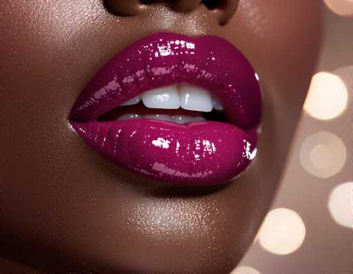 A close-up, photorealistic render showcases glossy, deep burgundy lips with a reflective finish. The focus is on the texture and sheen of the lips against a smooth, dark skin tone. Soft bokeh lights in the background create a dreamy, glamorous atmosphere.