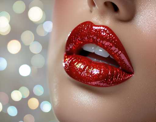 A close-up, glamorous portrait focuses on a glossy, red-lipsticked mouth with a blurred bokeh background of soft, colorful lights. The lips are the central focus, occupying most of the frame, with a smooth, reflective texture emphasizing their volume. The lighting is soft and diffused, creating a luxurious, artistic feel.