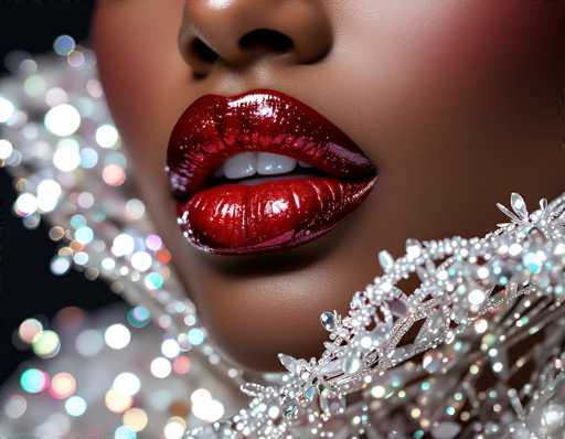 A close-up portrait showcases a person's lips, adorned with glossy red lipstick and sparkling silver embellishments on the collar. The focus is sharp on the lips, with a blurred background of bokeh lights creating a glamorous, high-fashion aesthetic. The spatial relationship emphasizes the full, detailed texture of the lips and the intricate details of the jewelry.