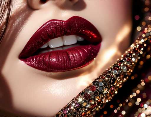A close-up, glamorous portrait focuses on a woman's intensely red, glossy lips, accentuated by a sparkling, ornate jewelry piece draped across her shoulder. The art style is highly stylized and dramatic, emphasizing luxurious texture and a soft, warm lighting to create an opulent, close-up effect.
